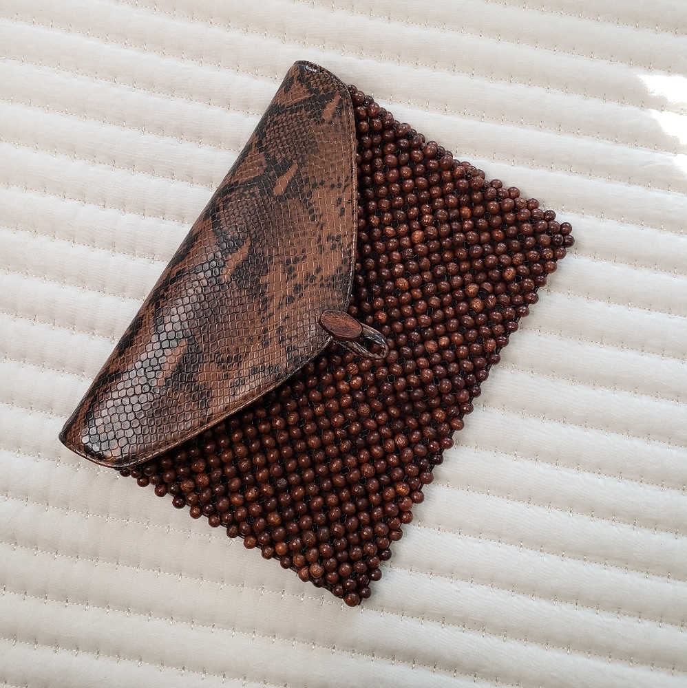 Brown Beaded Snake print Clutch Bag - Picture 4 of 10